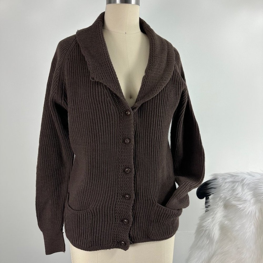 Vintage 80s JAEGER Mocha Brown Shawl Collar LIbrary Boyfriend Cardigan Sweater